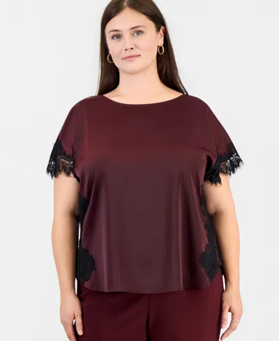 Anne Klein Plus Size Lace-trim Short-sleeve Bateau Neck Blouse In Gray