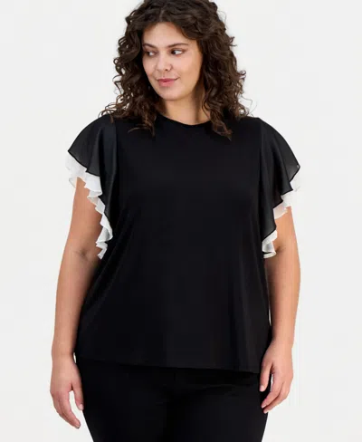Anne Klein Plus Size Layered Flutter-sleeve Top In Black