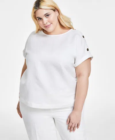 Anne Klein Plus Size Linen-blend Short-sleeve Button-detail Blouse In Bright White