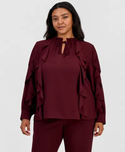 Anne Klein Plus Size Long-sleeve Keyhole-neck Ruffle-trim Blouse In Burgundy