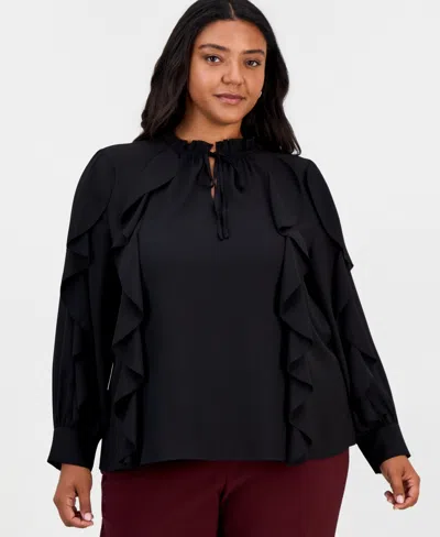 Anne Klein Plus Size Long-sleeve Keyhole-neck Ruffle-trim Blouse In Black