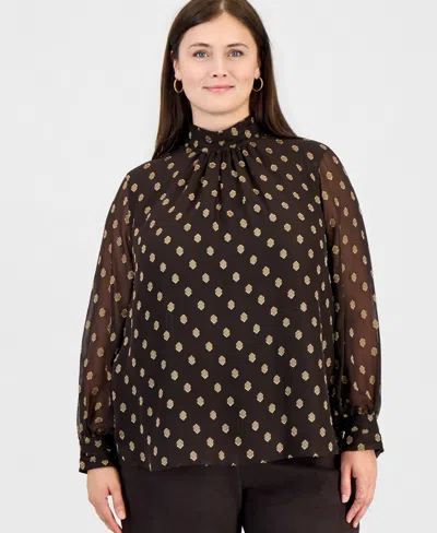Anne Klein Plus Size Long-sleeve Shirred-collar Keyhole-front Blouse In Brown