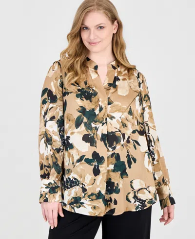 Anne Klein Plus Size Long-sleeve V-neck Floral-print Blouse In Multi