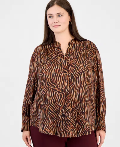 Anne Klein Plus Size Long-sleeve V-neck Pleat-front Blouse In Multi