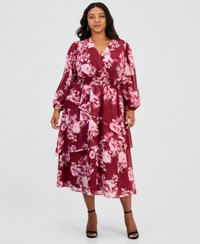 Anne Klein Plus Size Long-sleeve V-neck Tiered Midi Dress In Multi