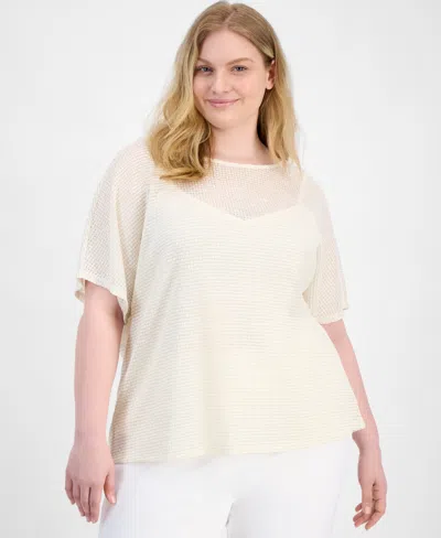 Anne Klein Plus Size Metallic Layered-look Top In White Dove,lt Gold