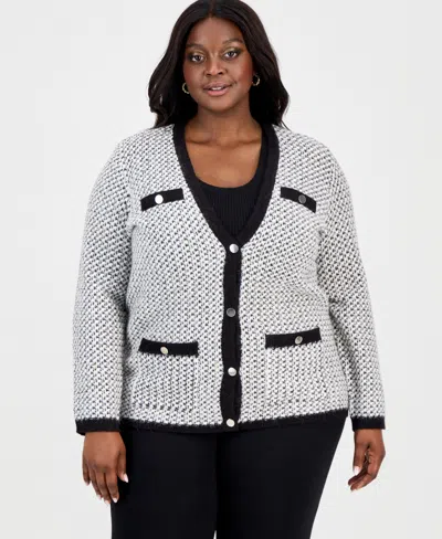 Anne Klein Plus Size Metallic-threaded Boucle Cardigan In Gray