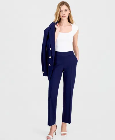 Anne Klein Plus Size Mid-rise Pull-on Straight Pants In Blue