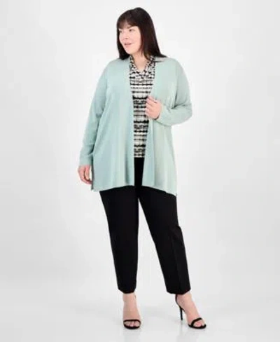 Anne Klein Plus Size Napa Cardigan Printed Top Hollywood Ankle Pants In Soft Aloe Multi