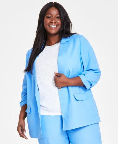 Anne Klein Plus Size Notch-lapel Ruched-sleeve Jacket In Shore Blue