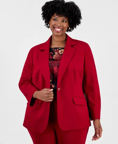 Anne Klein Plus Size Notch-collar Shoulder-padded Blazer In Red
