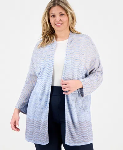 Anne Klein Plus Size Open-front Zig-zag Knit Cardigan In Blue