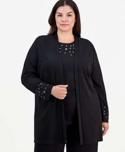 Anne Klein Plus Size Open-front Grommet-trim Cardigan In Black