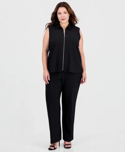 Anne Klein Plus Size Pinstriped Pull-on Pants In Black