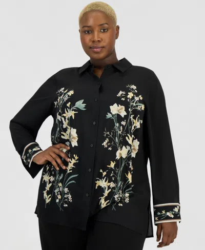 Anne Klein Plus Size Placement-print Button-front Shirt In Black