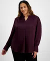 Anne Klein Split Neck Textured Woven Tunic Top In Deep Plum