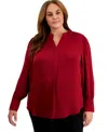 Anne Klein Split Neck Textured Woven Tunic Top In Titian Red