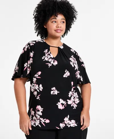Anne Klein Plus Size Pleat-neck Short-bell-sleeve Blouse In Anne Black Multi