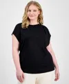 Anne Klein Plus Size Pleat-neck Short-sleeve Blouse In Anne Black