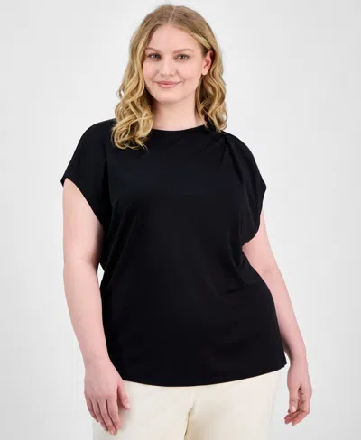 Anne Klein Plus Size Pleat-neck Short-sleeve Blouse In Anne Black