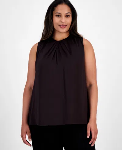 Anne Klein Plus Size Pleat-neck Sleeveless Blouse In Brown