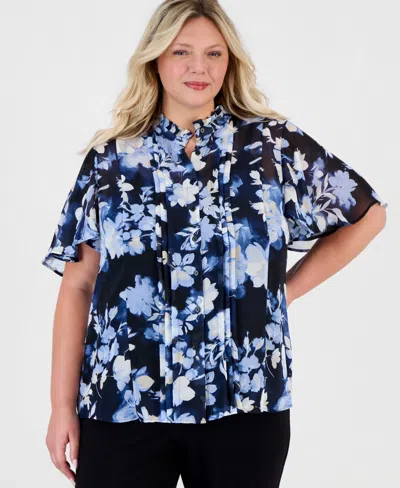 Anne Klein Plus Size Pleated-placket Flutter-sleeve Blouse In Multi