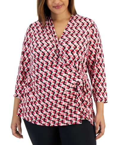 Anne Klein Plus Size Printed 3/4-sleeve V-neck Wrap Top In Rich Camellia Multi