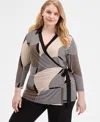 Anne Klein Plus Size Printed 3/4-sleeve Wrap Top In Multi