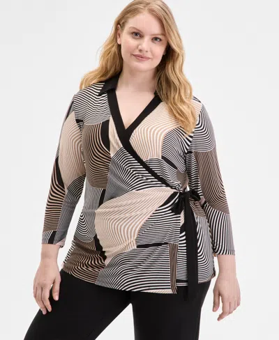 Anne Klein Plus Size Printed 3/4-sleeve Wrap Top In Multi
