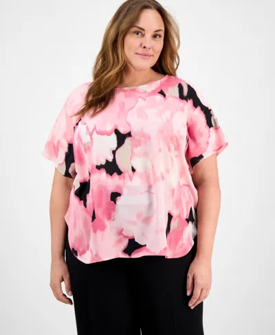 Anne Klein Plus Size Printed Bateau-neck Short-sleeve Blouse