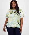 Anne Klein Petite Floral-print Curved-hem Bateau-neck Blouse In Soft Aloe Multi