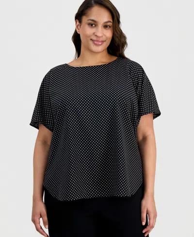 Anne Klein Plus Size Printed Bateau-neck Short-sleeve Blouse In Black