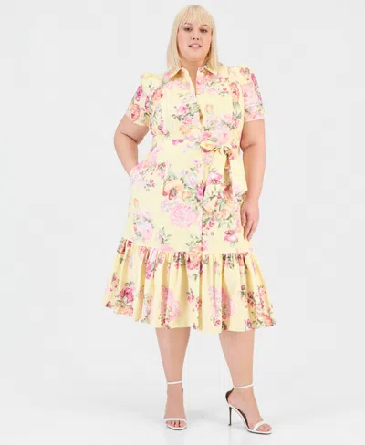 Anne Klein Plus Size Printed Belted Tiered Cotton Poplin Midi Dress In Multi