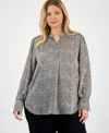 Anne Klein Plus Size Printed Blouson-sleeve Blouse In Gray