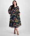 Anne Klein Floral Print Long Sleeve Chiffon Midi Dress In Distant Mountain Multi