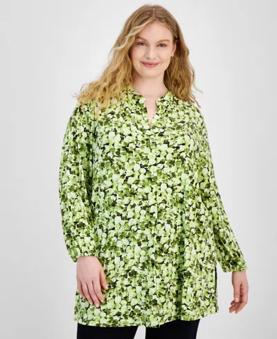 Anne Klein Plus Size Printed Blouson-sleeve Tunic In Sprout Multi