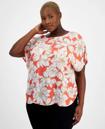 Anne Klein Plus Size Printed Boat-neck Short-sleeve Top, Created For Macy's In Red Pear,bright White