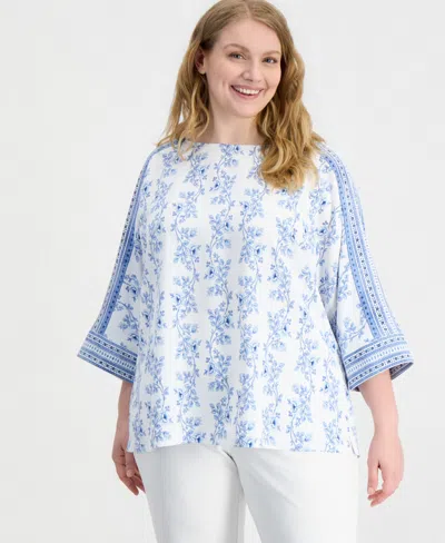 Anne Klein Plus Size Printed Boat-neck 3/4-sleeve Top In Blue