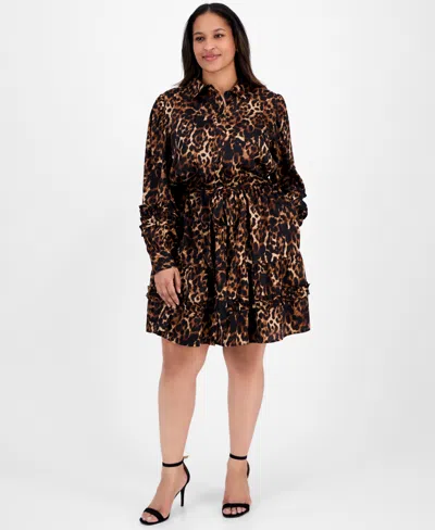 Anne Klein Plus Size Printed Button-front Tie-waist Tiered Dress In Multi