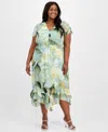 Anne Klein Plus Size Printed Chiffon Fit & Flare Dress In Soft Aloe Multi