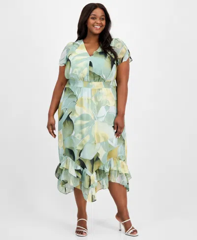 Anne Klein Plus Size Printed Chiffon Fit & Flare Dress In Soft Aloe Multi