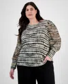 Anne Klein Plus Size Printed Chiffon Sheer-sleeve Top In Anne Black Multi