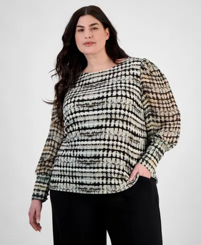 Anne Klein Plus Size Printed Chiffon Sheer-sleeve Top In Anne Black Multi