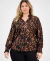 Anne Klein Womens Animal Print Ruffle Split Neck Top P Xxs 3x In Brown