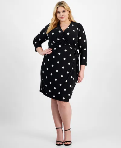 Anne Klein Plus Size Printed Classic Wrap Dress In Anne Black,anne White