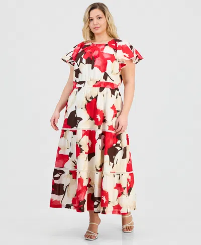 Anne Klein Plus Size Printed Cotton Flutter-sleeve Maxi Dress In Multi