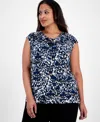 Anne Klein Plus Size Printed Cowl-neck Sleeveless Blouse In Blue