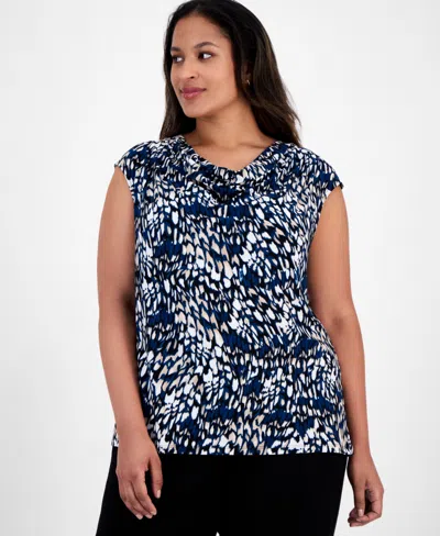 Anne Klein Plus Size Printed Cowl-neck Extended-shoulder Blouse In Blue