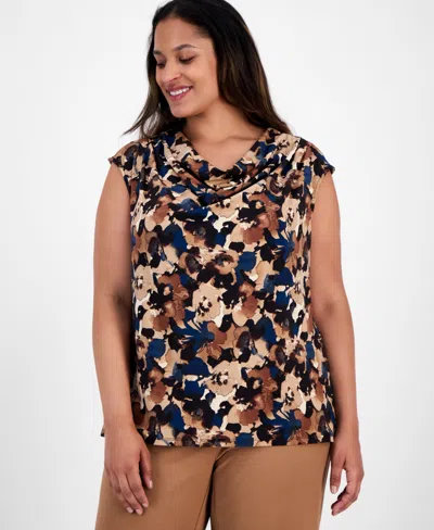 Anne Klein Plus Size Printed Cowl-neck Sleeveless Blouse In Multi