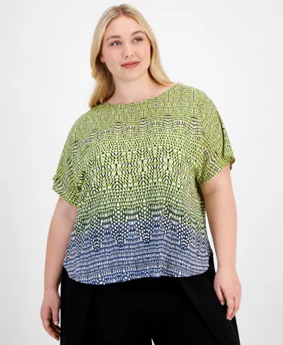 Anne Klein Plus Size Printed Dolman Short-sleeve Top, Created For Macy's In Blue Jay,anne Black